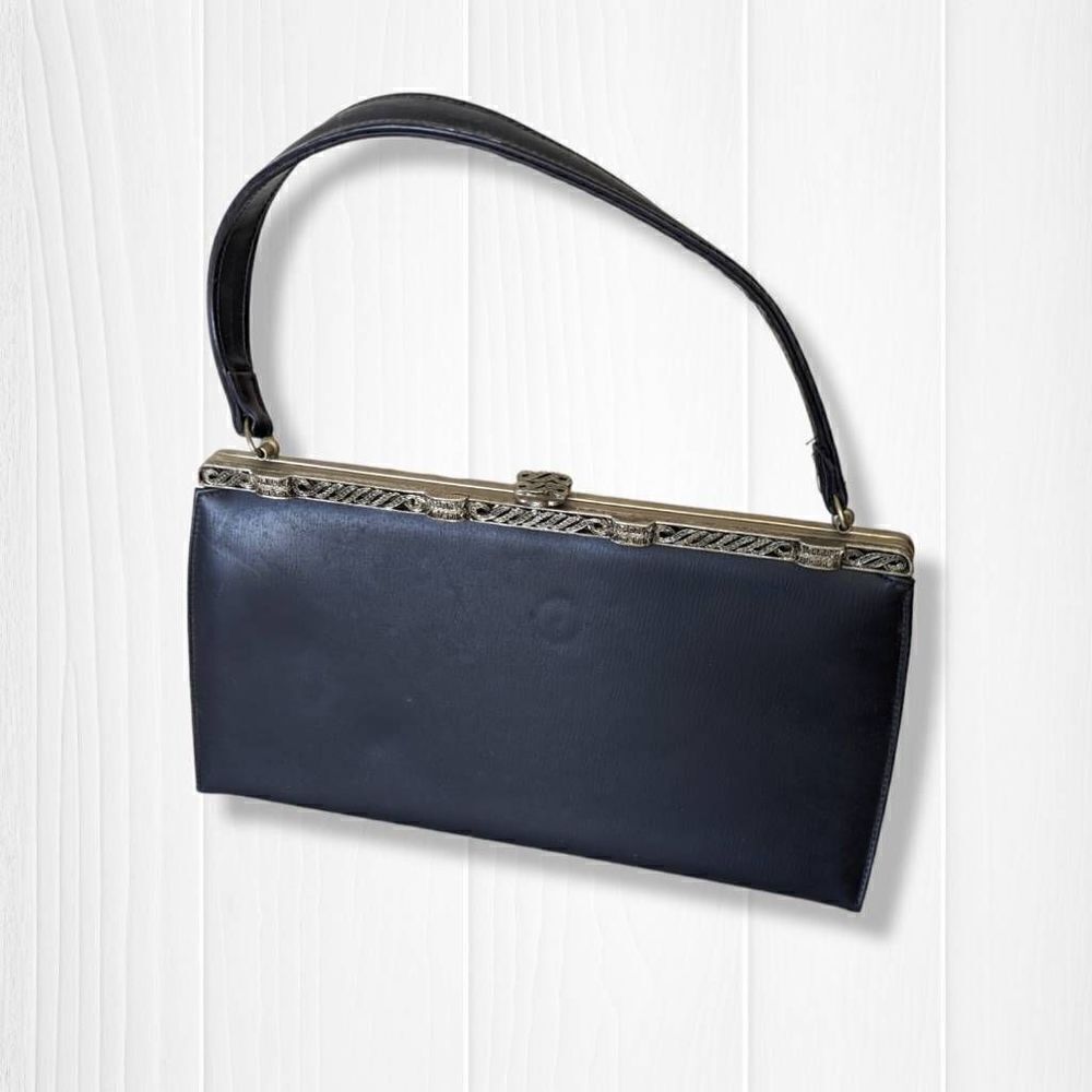 Vintage Theodor California Handbag Navy Blue Purse with Silver Tone Trim and Cla